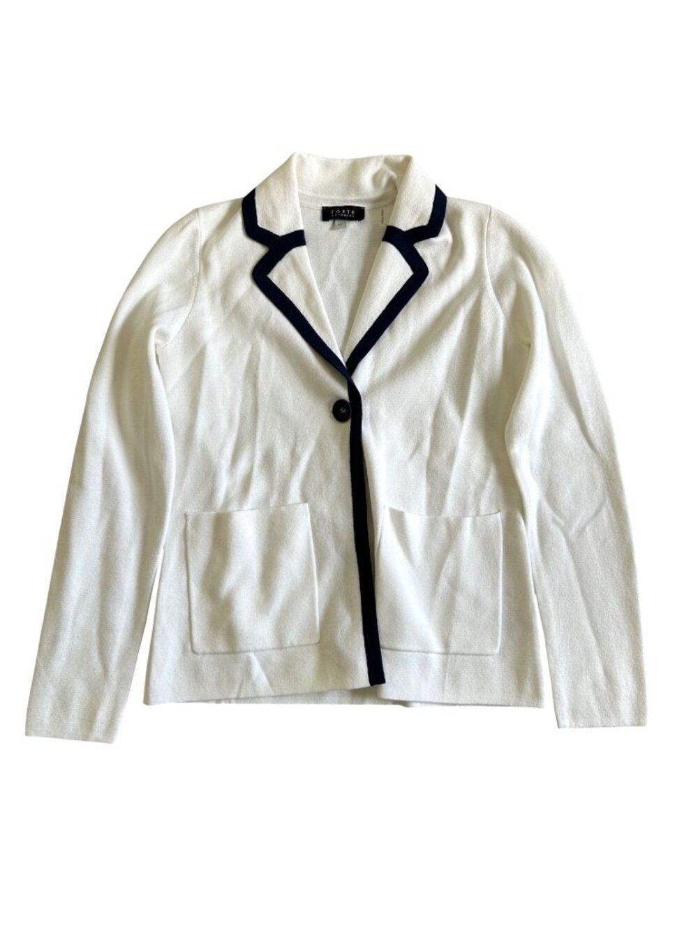 Forte Cashmere Womens Sz S White & Navy Trim Cardigan Blazer With Pockets